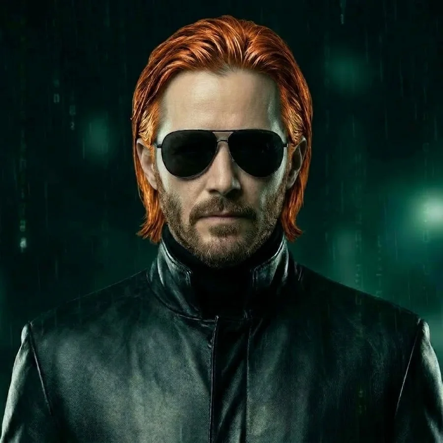 Nathan in a long black coat and black aviator glasses, copper hair, warm brown beard, green code rain behind him