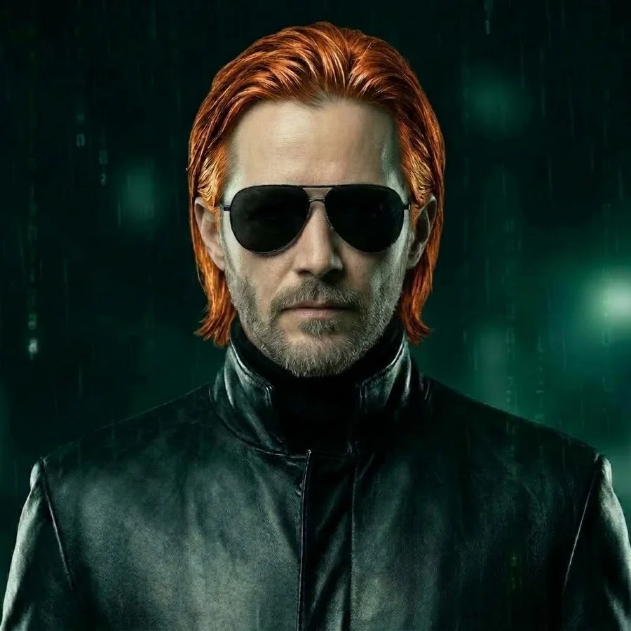 Nathan in black aviator glasses and a long black coat, copper hair, ash brown beard