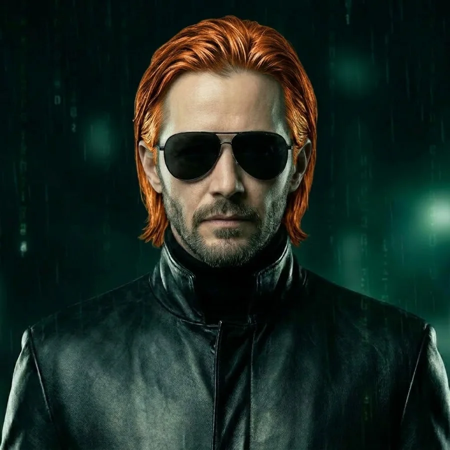 Nathan in black aviator glasses and a long black coat, copper hair, dark beard