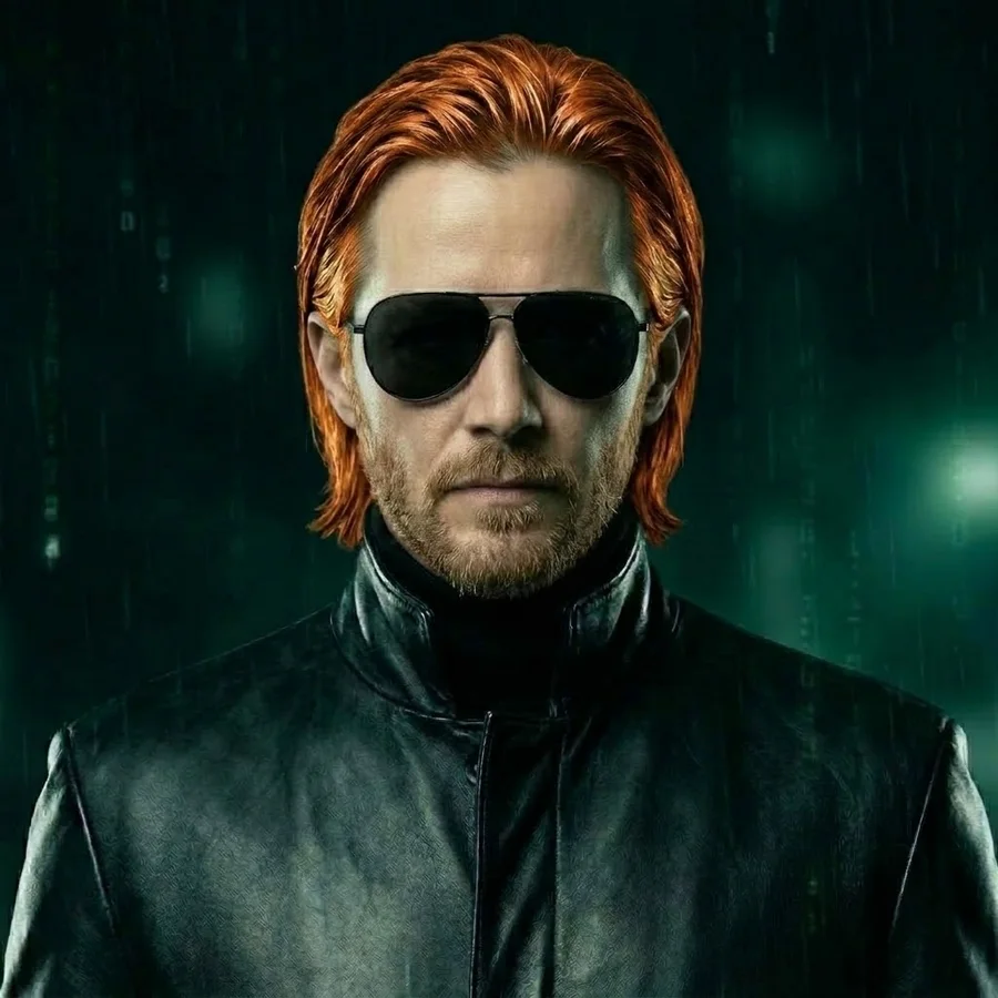 Nathan in black aviator glasses and a long black coat, copper hair, light brown beard