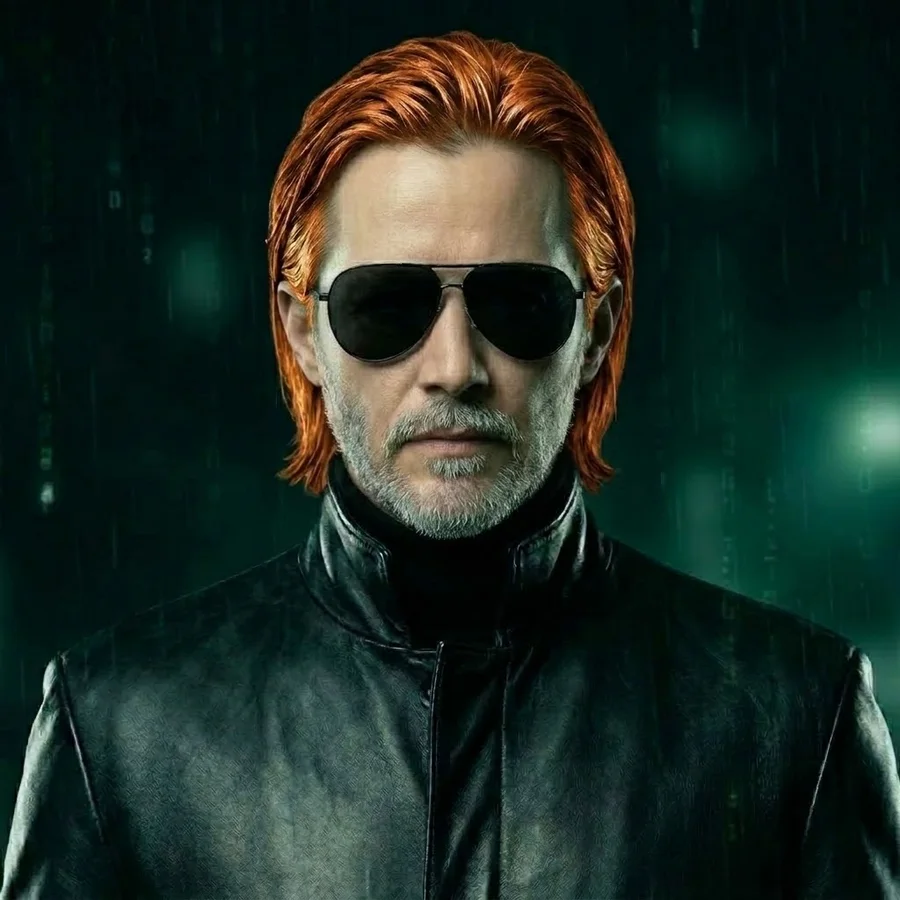 Nathan in black aviator glasses and a long black coat, copper hair, light grey beard