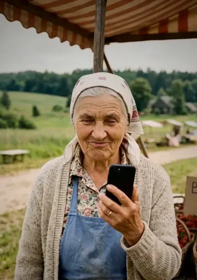 Sofia checks her phone at the market stall