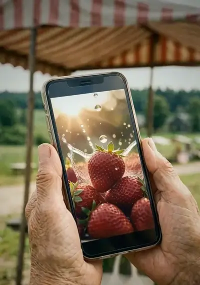 Her strawberries, filmed on the phone