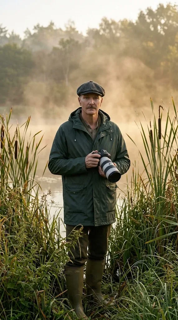 Adam with his camera among the reeds of a misty pond