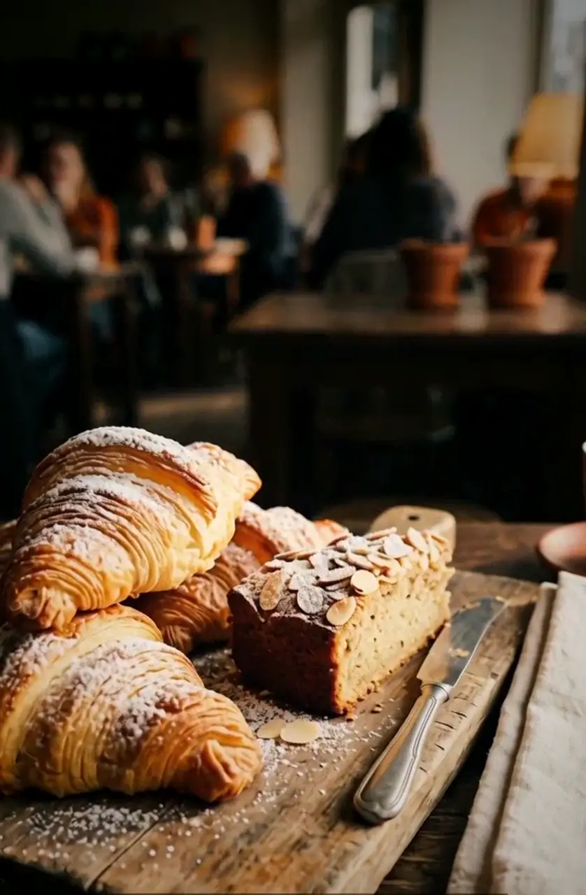 Freshly baked almond cake and croissants on a wooden board in a cosy cafe