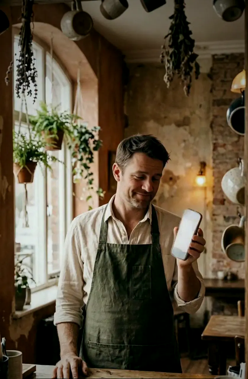 A cafe worker in an apron holding a smartphone by a sunlit window