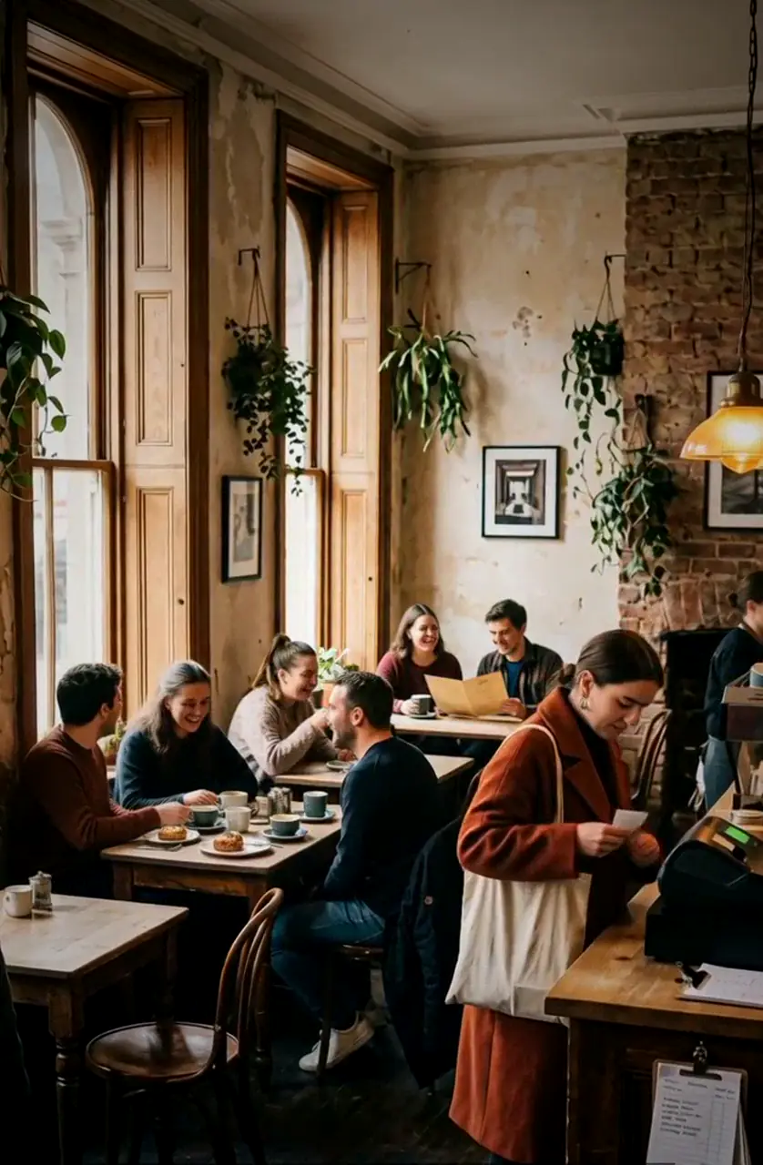Guests chatting over coffee in a warm, busy cafe