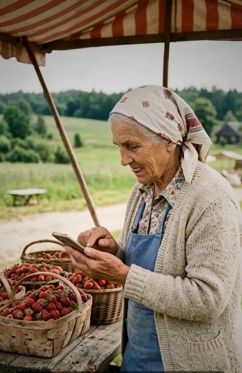 An older woman checking a smartphone at a roadside farm stall