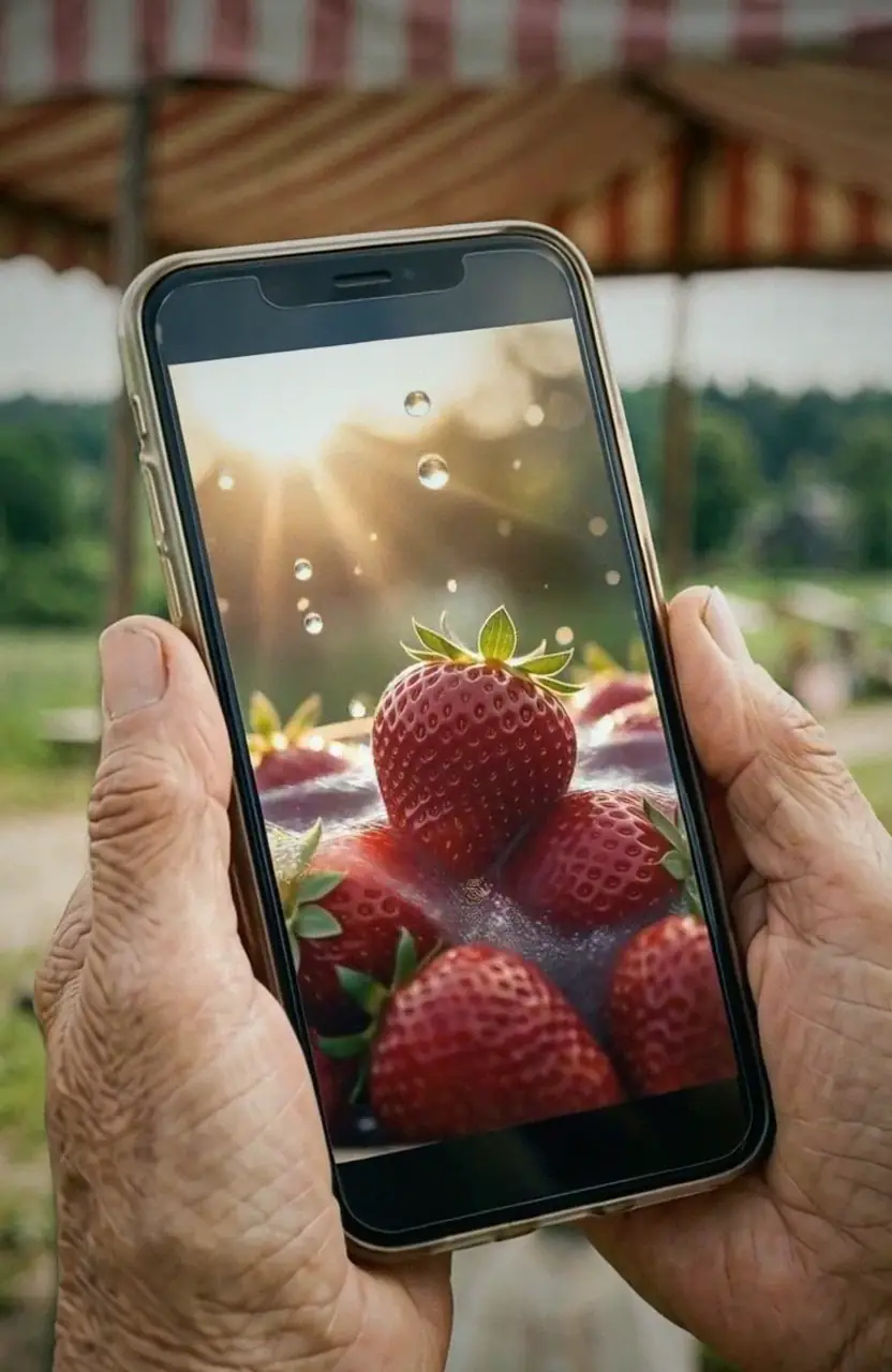 A smartphone showing sunlit fresh strawberries, held outdoors at a farm stall
