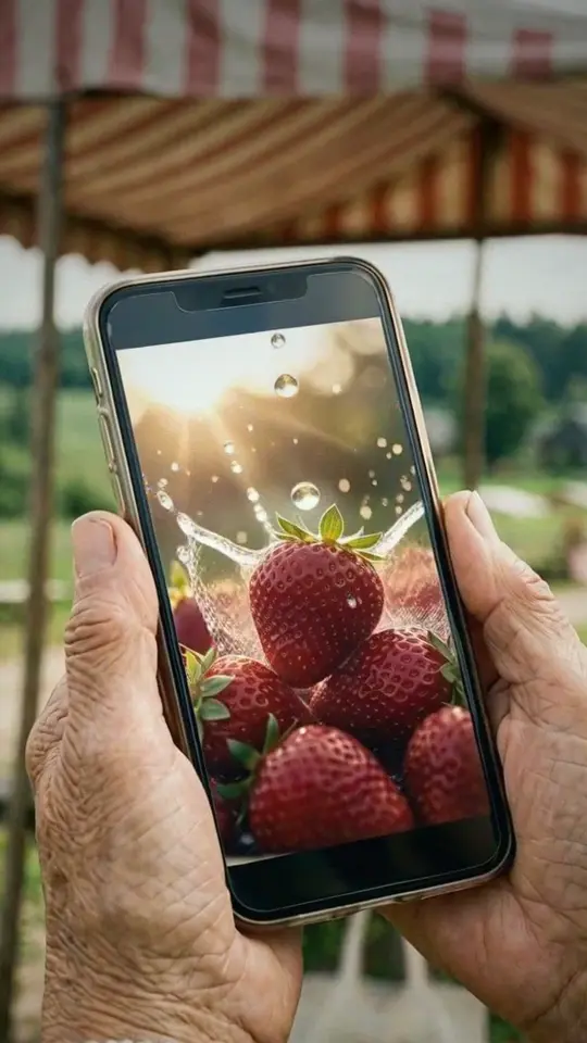 AI-generated market ad: an elderly woman photographing strawberries at a farm stall